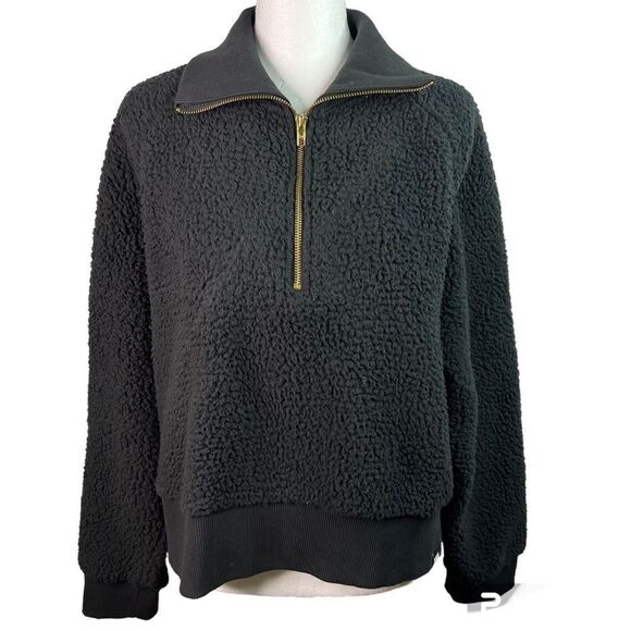 PINK Victoria Secret Sherpa Fleece Pullover 3/4 Zip Crop Black Sweater  Sz L - Picture 1 of 10